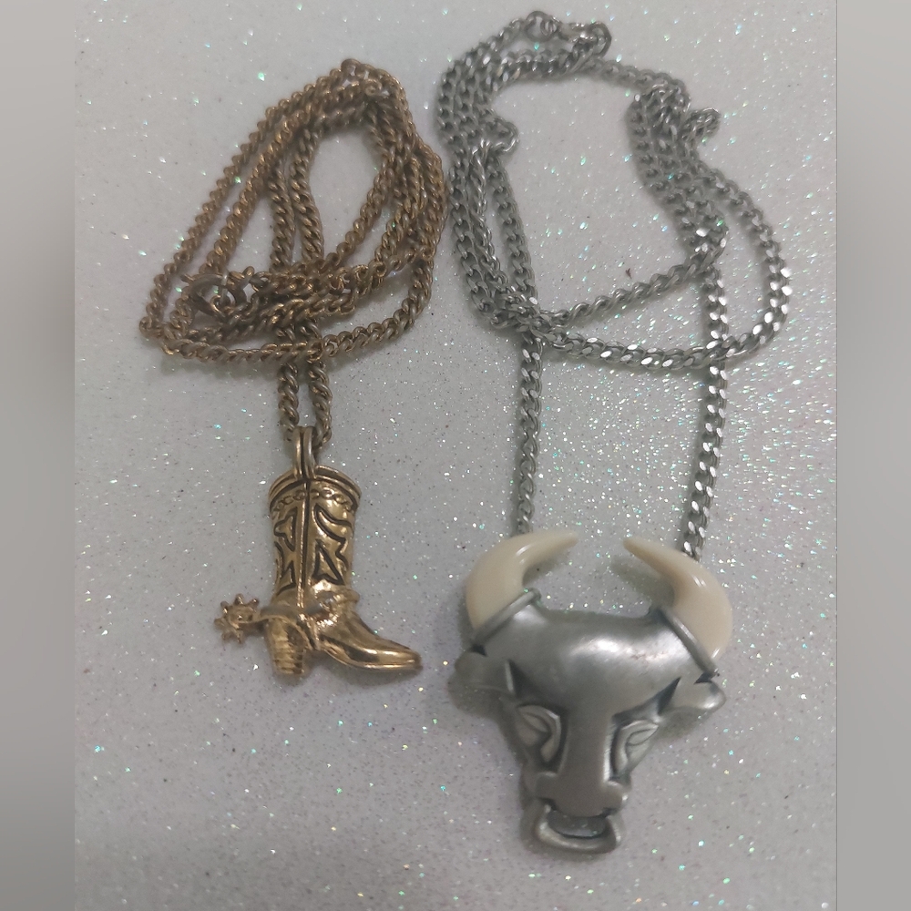 Avon Vintage 1970s Western Style Necklaces, Lot of 2, Boot & Bull, Unisex Style